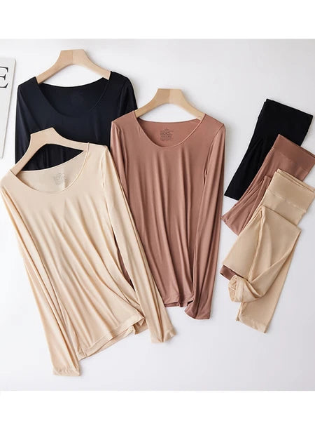 Women Ultra Thin High Elasticity Thermal Long Johns Underwear Top&Bottom 2PC Set
