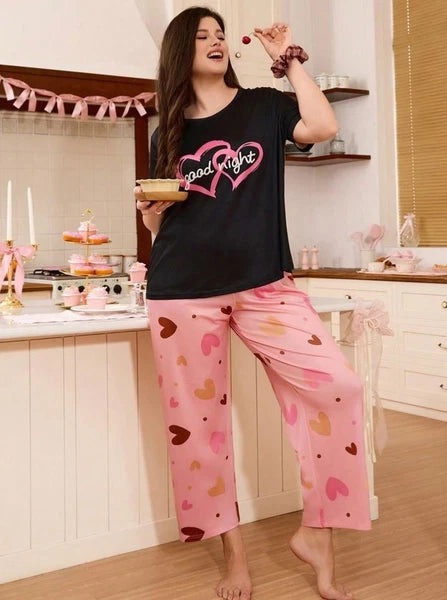 PYJAMA PLUS 18 20 22 24 26 28 BLACK PINK HEART STRETCH LOUNGEWEAR COMFORT