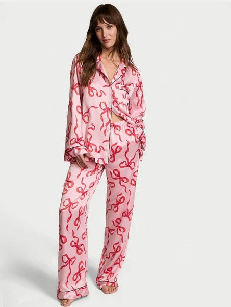 Victoria’s Secret Glazed Satin Pajama Set Chalk Rose & Red Bows Size XS SHORT