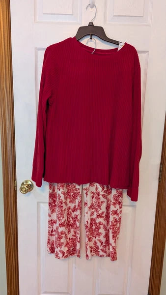 New Croft & Barrow Pajama Set Solid Red Top Floral Pants Soft Poly Fleece XXL