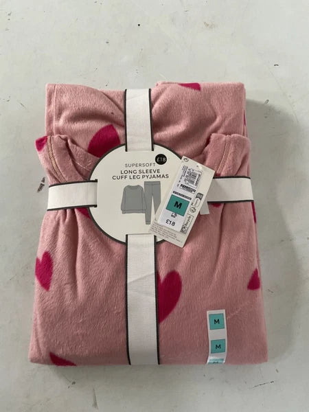 LADIES FLEECE HEART PRINT PYJAMAS SET PINK MIX COLOUR LARGE SIZE