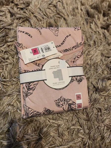 M & S Ladies Pure Cotton Short Sleeve And Long Leg Pyjamas Set,size Xlarge
