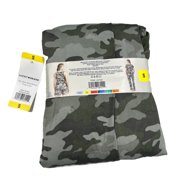 Lucky Brand (S) Women's 4-Piece Pajama Set Tee Tank Shorts Pants Green Camo