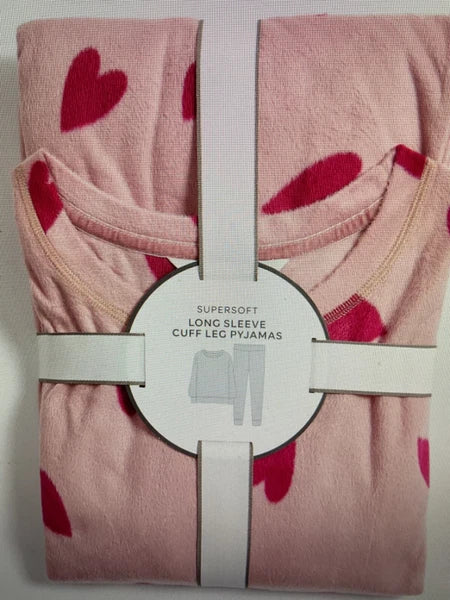 LADIES FLEECE HEART PRINT PYJAMAS SET PINK MIX COLOUR LARGE SIZE