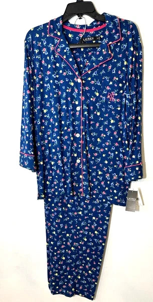 LAUREN Ralph Lauren Women's sz L Navy 3/4 Sleeve and Pant Matching Pajama Set