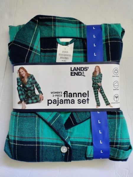 Lands End Women’s Large 2-piece Blue Green Cotton Flannel Pajama Set NWT