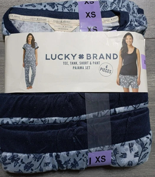 Lucky Brand Pajama Set Womens XS *4PC* Blue Floral Tee Tank Shorts Pants