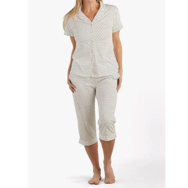 Miss Elaine Women's Luxe Knit PJ Set V-Neckline Ivory Geo Size Medium