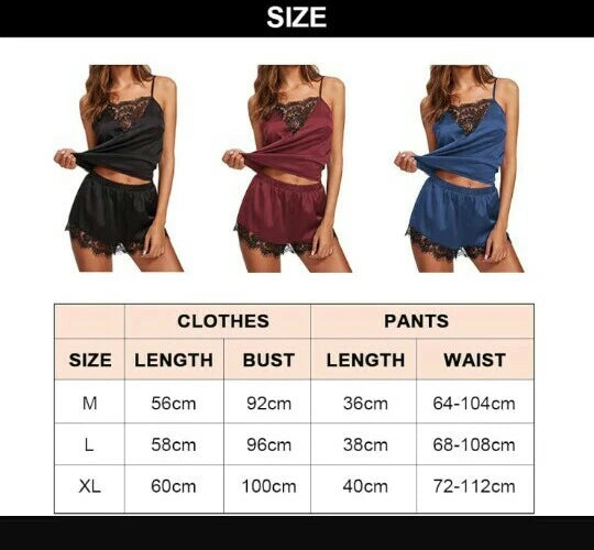 Ladies Sexy Lace & Satin Feel Short Pj Set Blue & Black Suit Sizes 10 12 14 New