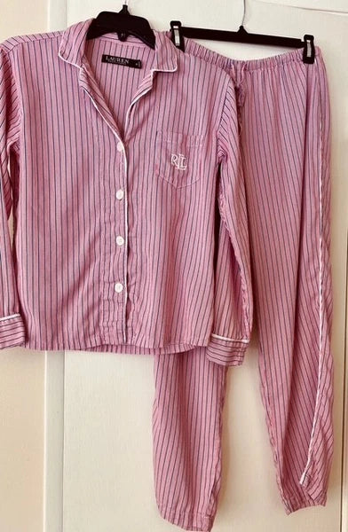 Lauren Ralph Lauren Women's Printed Notched-Collar Pajamas Set Pink Stripe XS