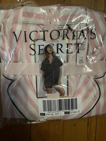 NEW Victoria’s Secret Satin Short Set Pajama Pj’s Pink Iconic Stripe Size LG