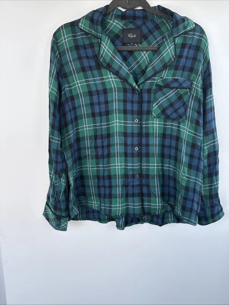 NEW $168 Rails Clara Midnight Emerald Blue Plaid Long Sleeve Pajamas Set Small