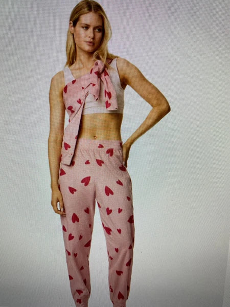 LADIES FLEECE HEART PRINT PYJAMAS SET PINK MIX COLOUR LARGE SIZE