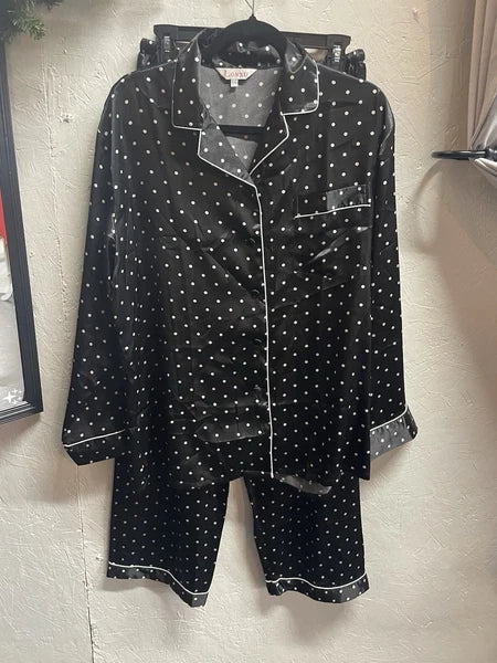 Pajama Set LONXU Silk Satin Button Front Long Sleeve Blk White Polka Dot XXL