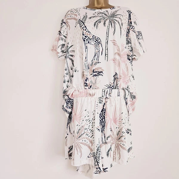 NEW JD Williams Plus Size 16-34 Giraffe Palm Print Pyjama 2 Piece Set Top Shorts