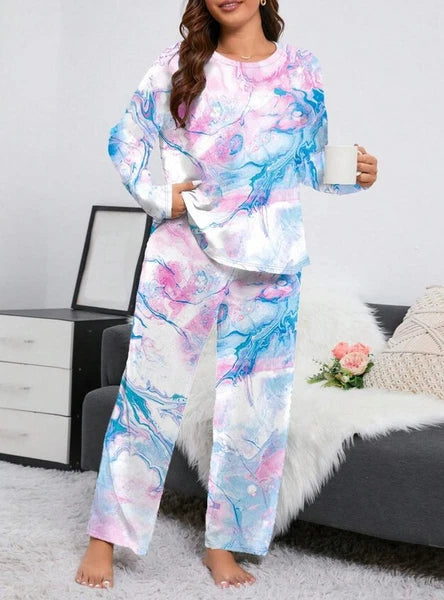 PYJAMA PLUS 20 22 24 PINK BLUE MARBLE LONG SLEEVE STRETCH LOUNGEWEAR COMFORT