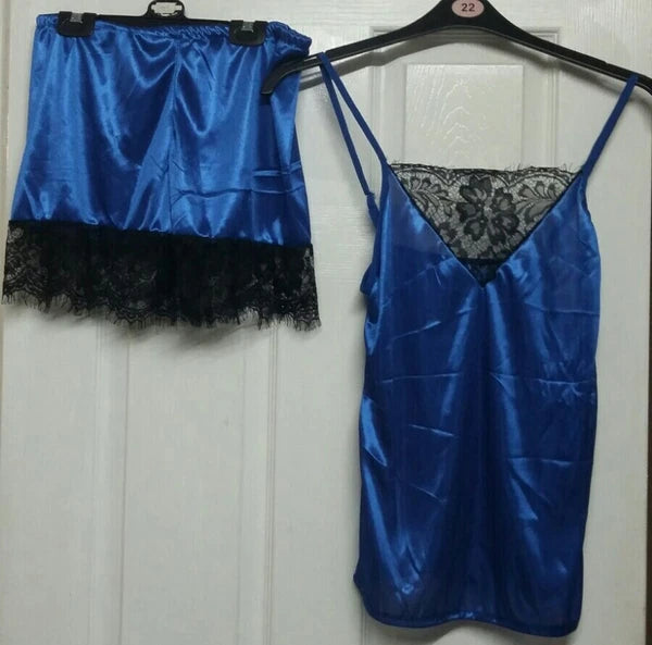 Ladies Sexy Lace & Satin Feel Short Pj Set Blue & Black Suit Sizes 10 12 14 New