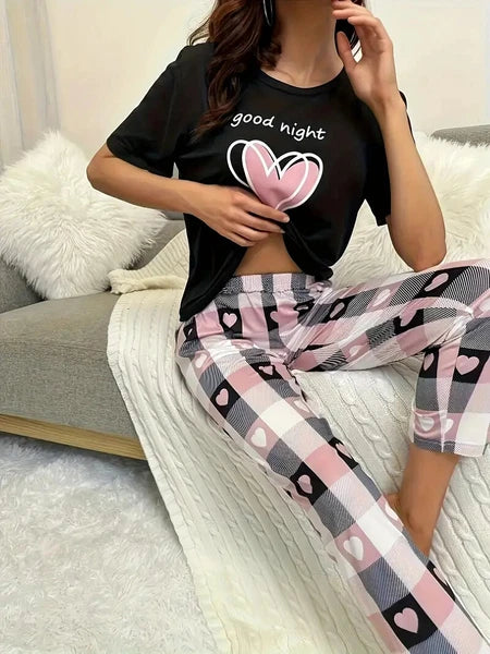 Woman's Heart Print Shirt and Pants Pajama Set - good night - Size: XL (US 12)