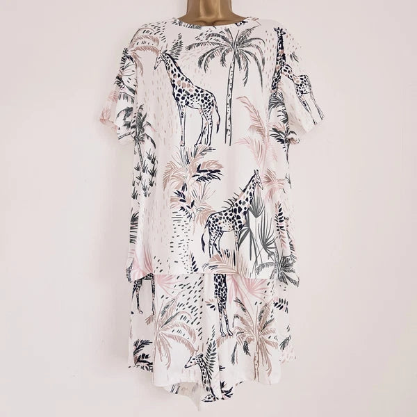 NEW JD Williams Plus Size 16-34 Giraffe Palm Print Pyjama 2 Piece Set Top Shorts