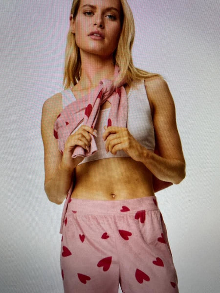 LADIES FLEECE HEART PRINT PYJAMAS SET PINK MIX COLOUR LARGE SIZE