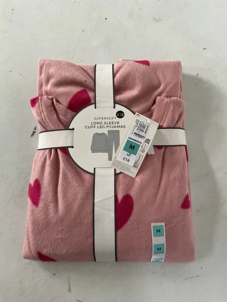 LADIES FLEECE HEART PRINT PYJAMAS SET PINK MIX COLOUR LARGE SIZE