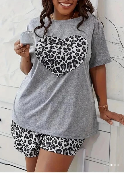 Plus 22 3x Stretch Soft Animal Print Heart Short Sleep Set Gray True To Size