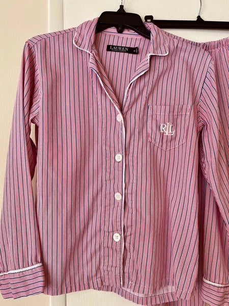 Lauren Ralph Lauren Women's Printed Notched-Collar Pajamas Set Pink Stripe XS