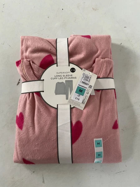 LADIES FLEECE HEART PRINT PYJAMAS SET PINK MIX COLOUR LARGE SIZE