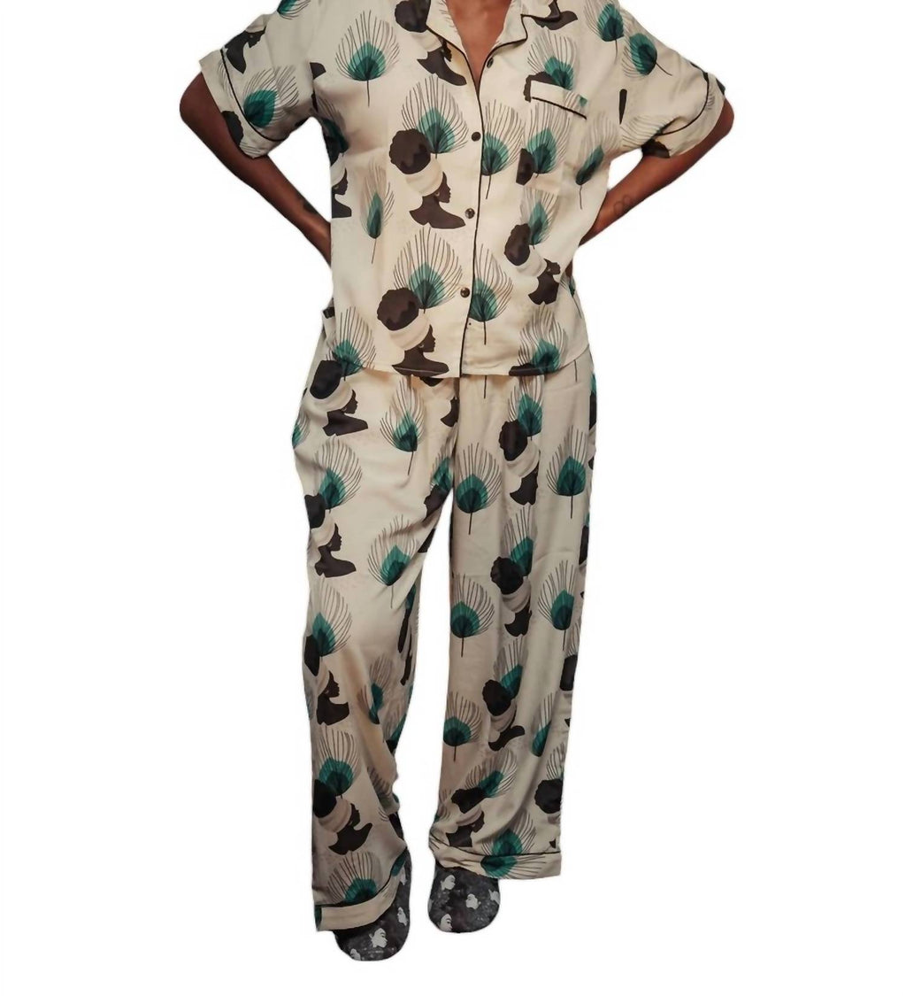 Izzy & Liv women's botanical feathers pajama set in Cream