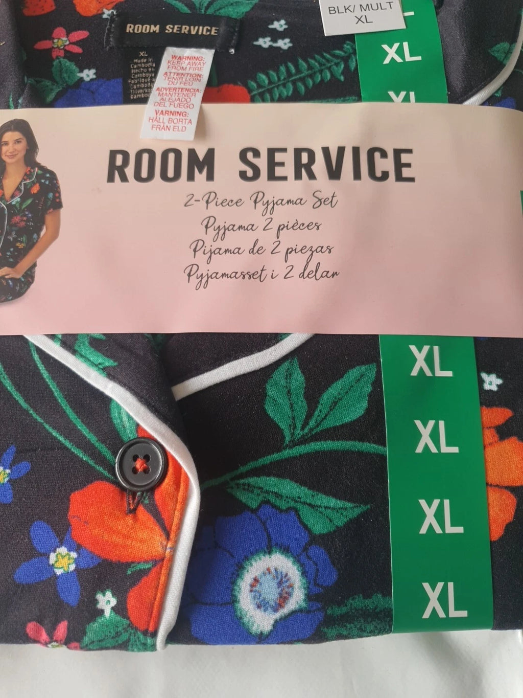 Room Service 2 Piece Pyjama Set Black Floral Size XL