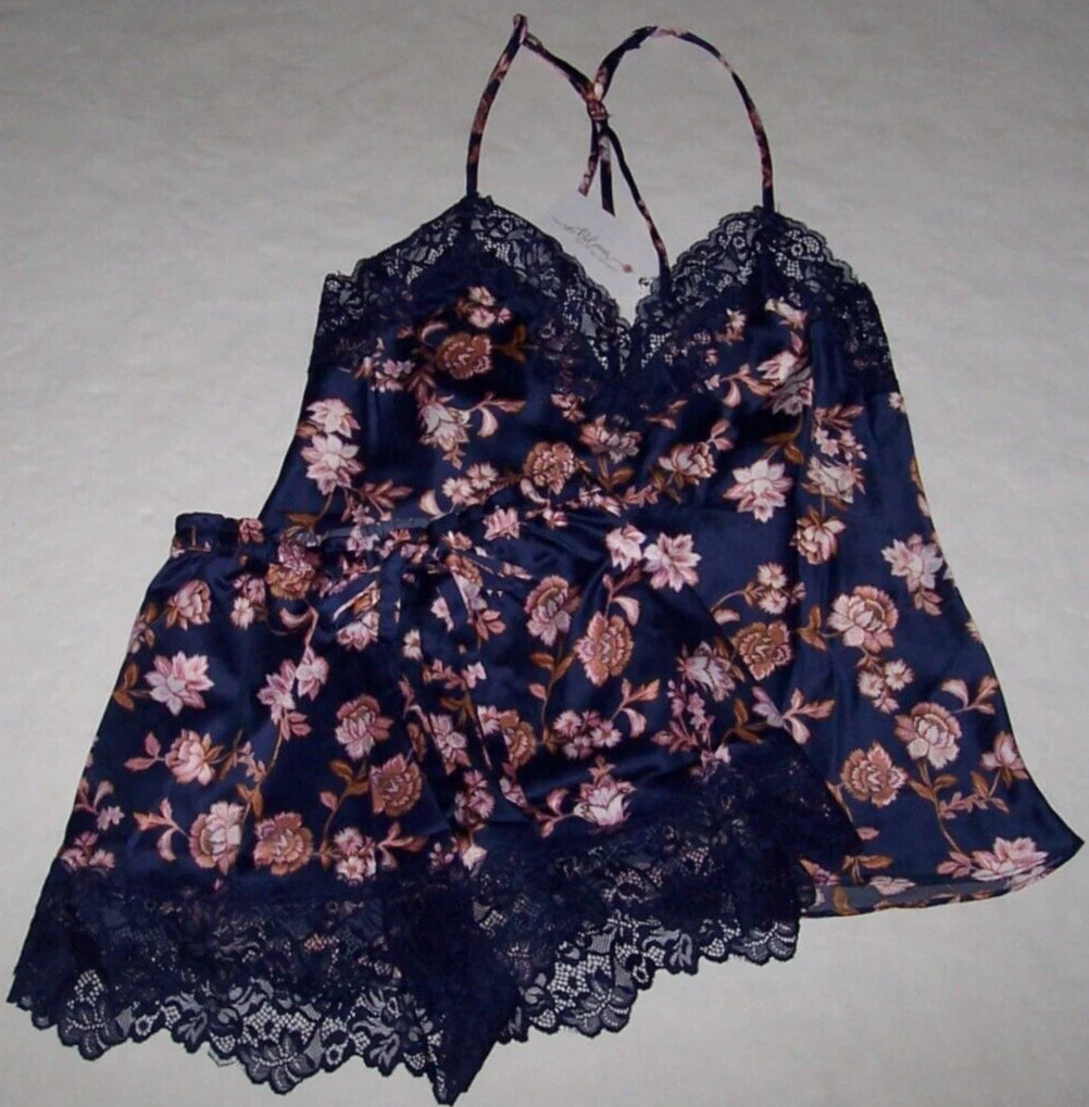 NWT In Bloom by Jonquil NAVY/TAUPE/PINK FLORAL SATIN Pajama Shorts Set XL Lace