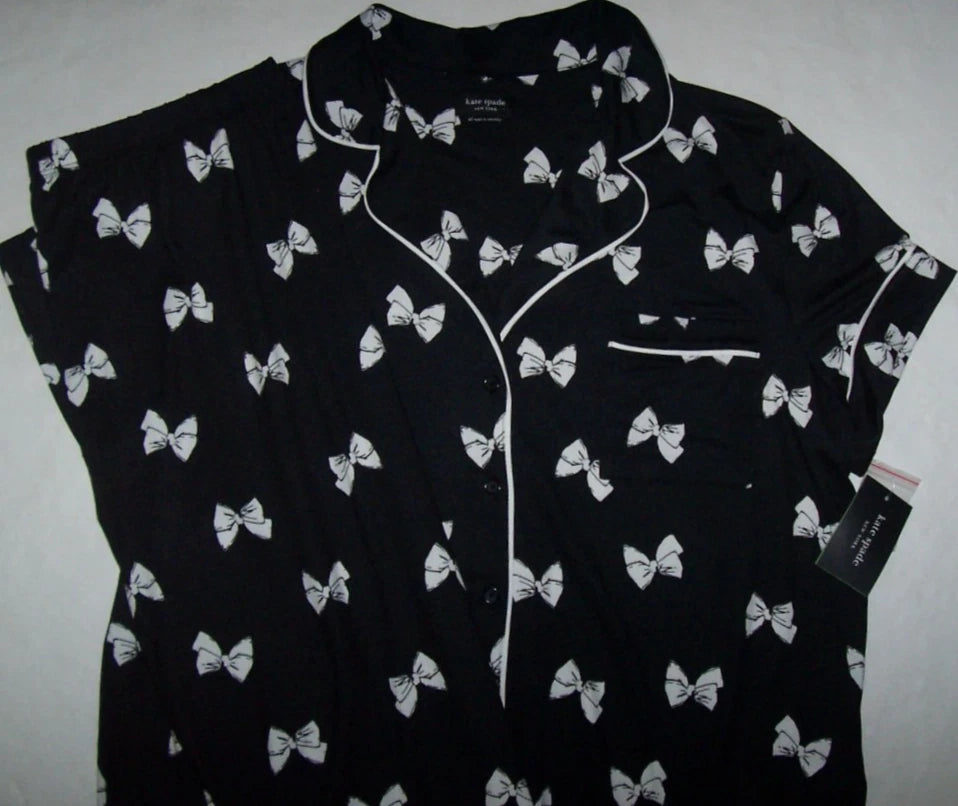 NWT Kate Spade New York BLACK/WHITE BOWS Soft Knit Cropped Pajama Set Women's L