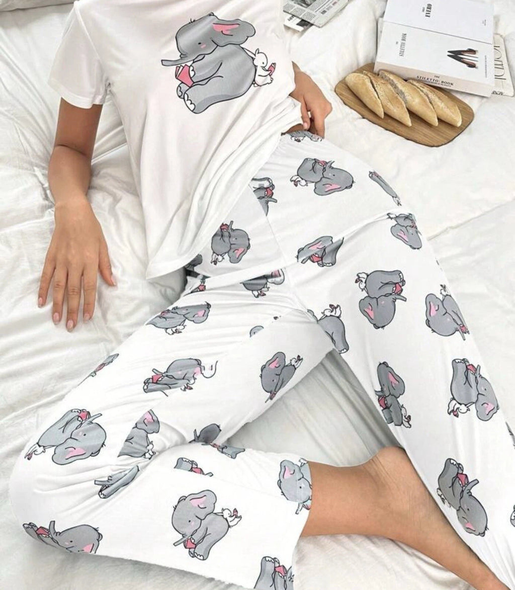 Elephant White Print Womens Ladies Pyjamas PJs Gift Novelty Slogan Size 8