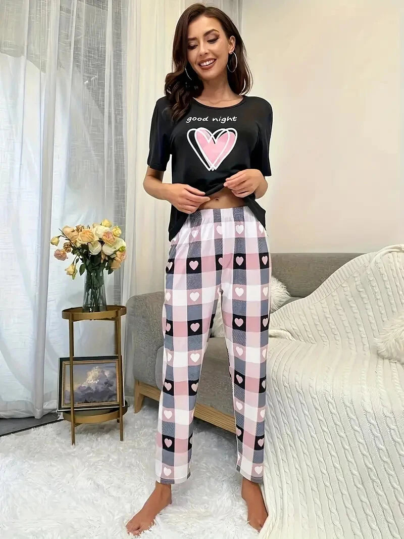 Woman's Heart Print Shirt and Pants Pajama Set - good night - Size: XL (US 12)