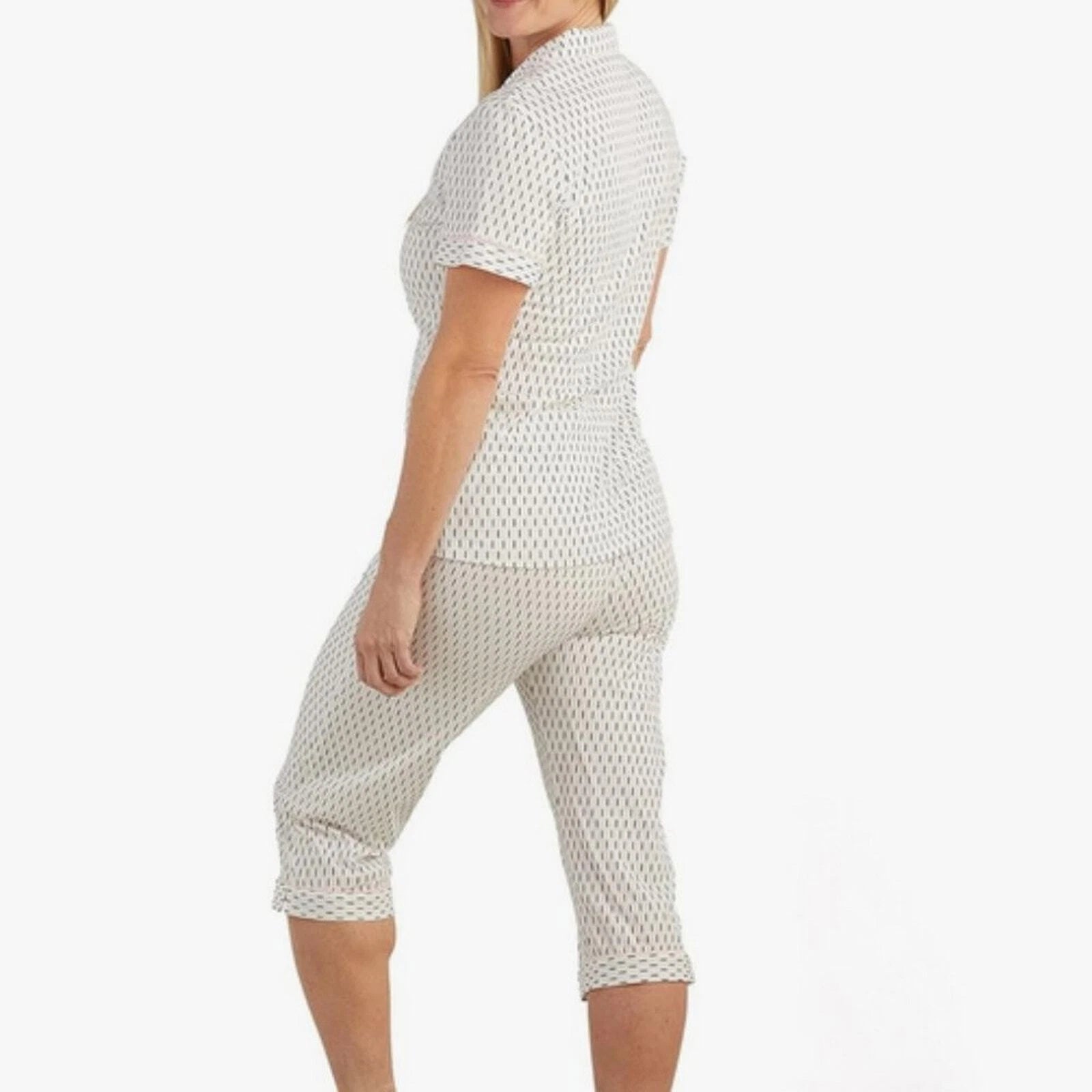 Miss Elaine Women's Luxe Knit PJ Set V-Neckline Ivory Geo Size Medium