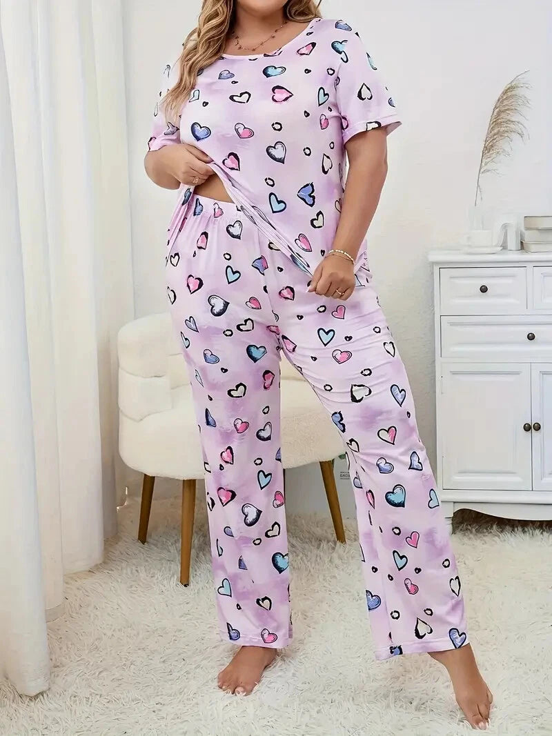 PYJAMA PLUS 18 20 22 24 26 28 PINK MULTICOLOUR HEART STRETCH LOUNGEWEAR COMFORT