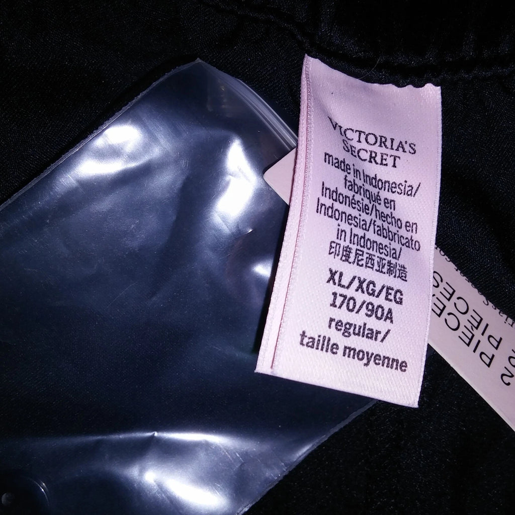 Victoria Secret Pajama Set Sleepwear XL Black Silver Stars Satin Long Sleeve New