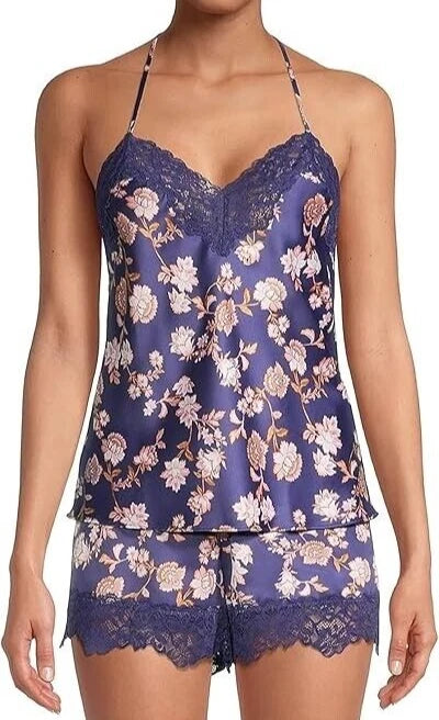 NWT In Bloom by Jonquil NAVY/TAUPE/PINK FLORAL SATIN Pajama Shorts Set XL Lace