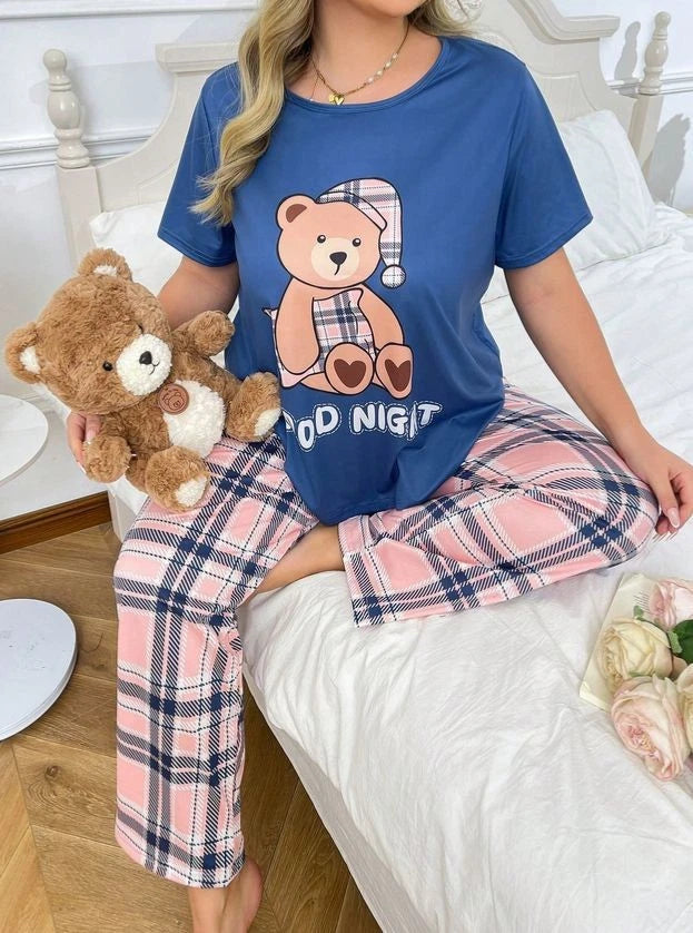 PYJAMA PLUS SIZE 24 26 BLUE CUTE TEDDY BEAR PLAID  STRETCH LOUNGEWEAR COMFORT