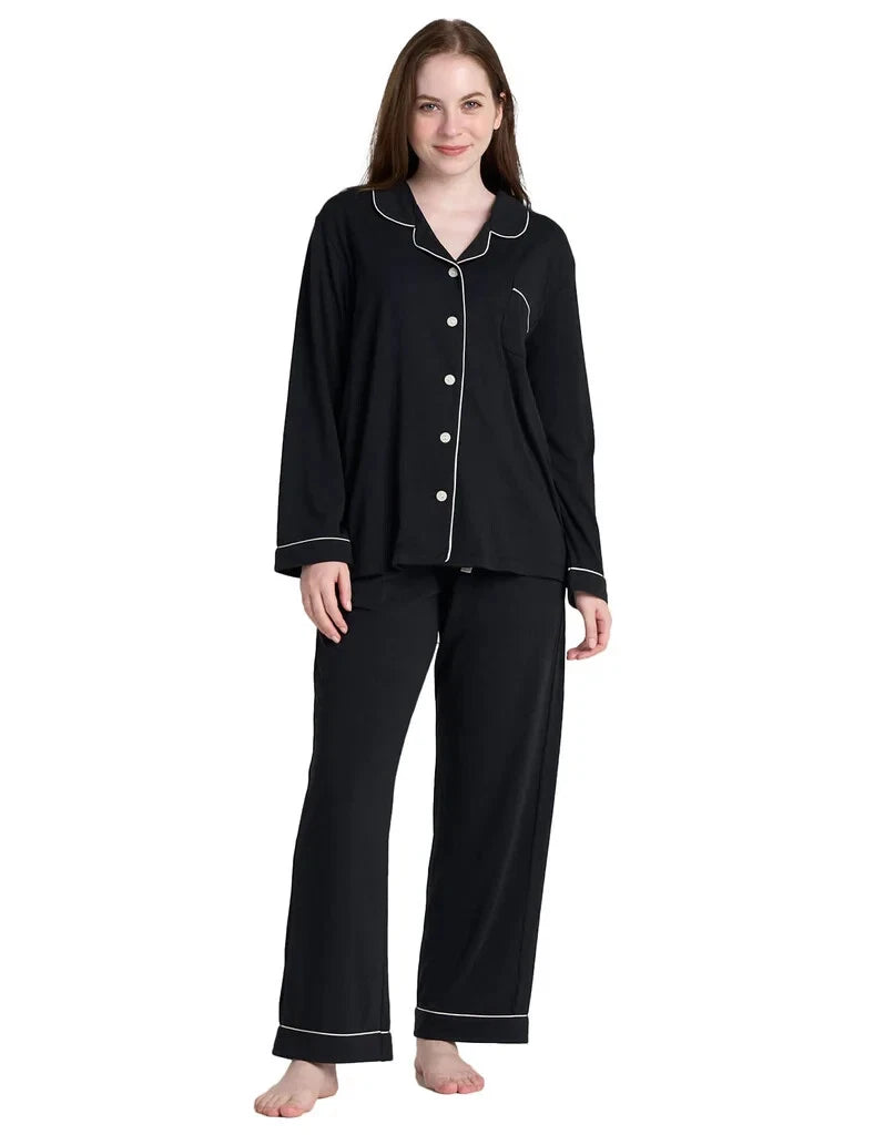 LAPASA Women s Pyjamas Set Knit Lounge Bottom Pants and Long Sleeve Button Top