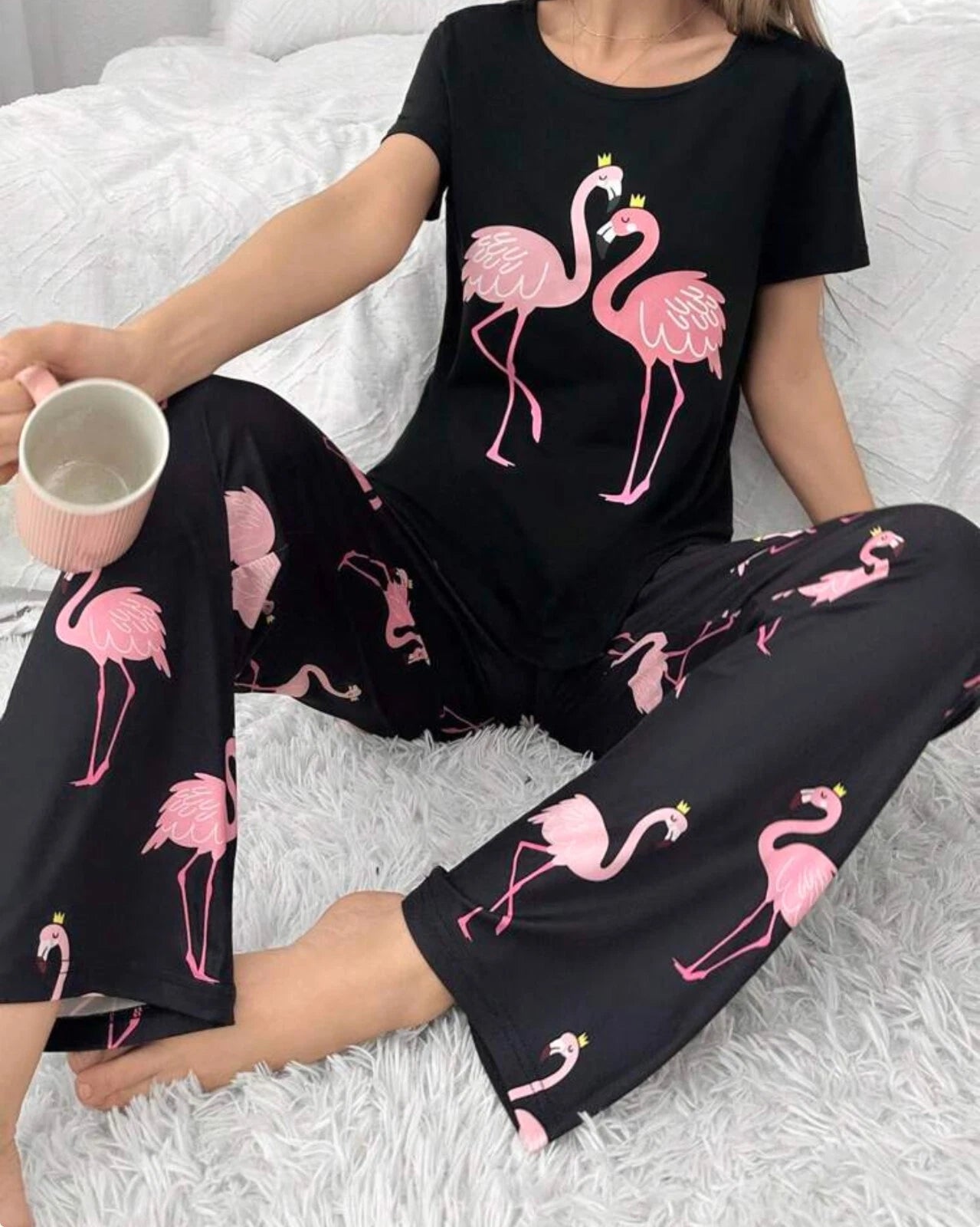 flamingo Women's Ladies Pyjamas PJs Gift Novelty Slogan Size 8 10 12/14 16 Black