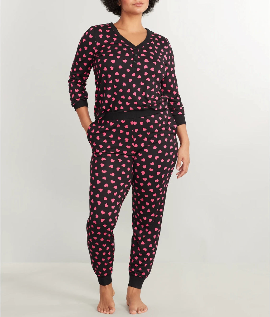 Nwt $78 Kate Spade SOFT Black/Pink HEARTS  2 Pc Top & Jogger Pants Pajama Set XL