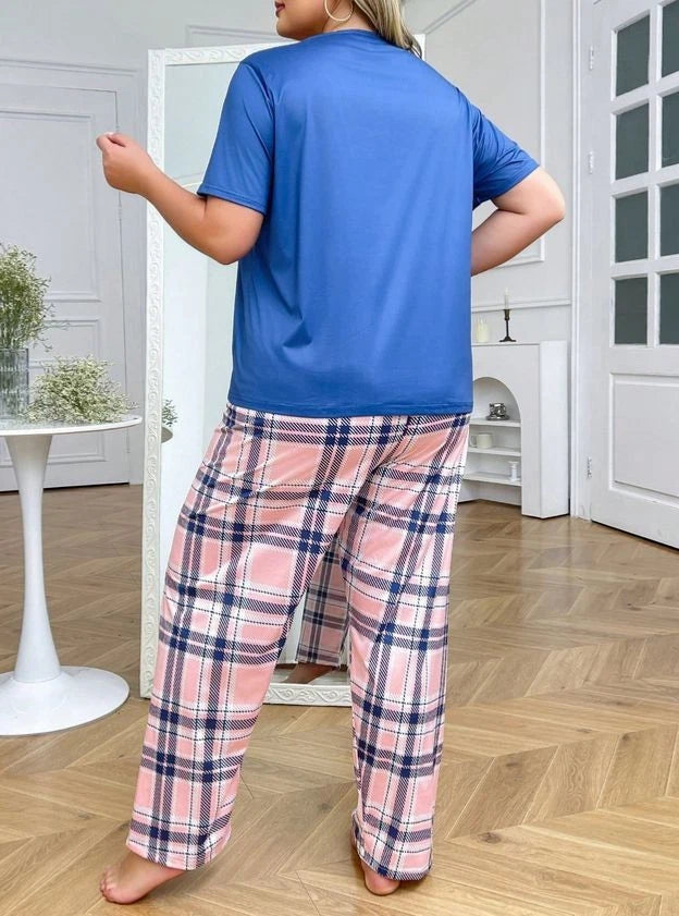 PYJAMA PLUS SIZE 24 26 BLUE CUTE TEDDY BEAR PLAID  STRETCH LOUNGEWEAR COMFORT