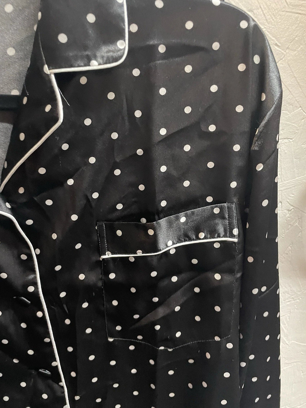 Pajama Set LONXU Silk Satin Button Front Long Sleeve Blk White Polka Dot XXL