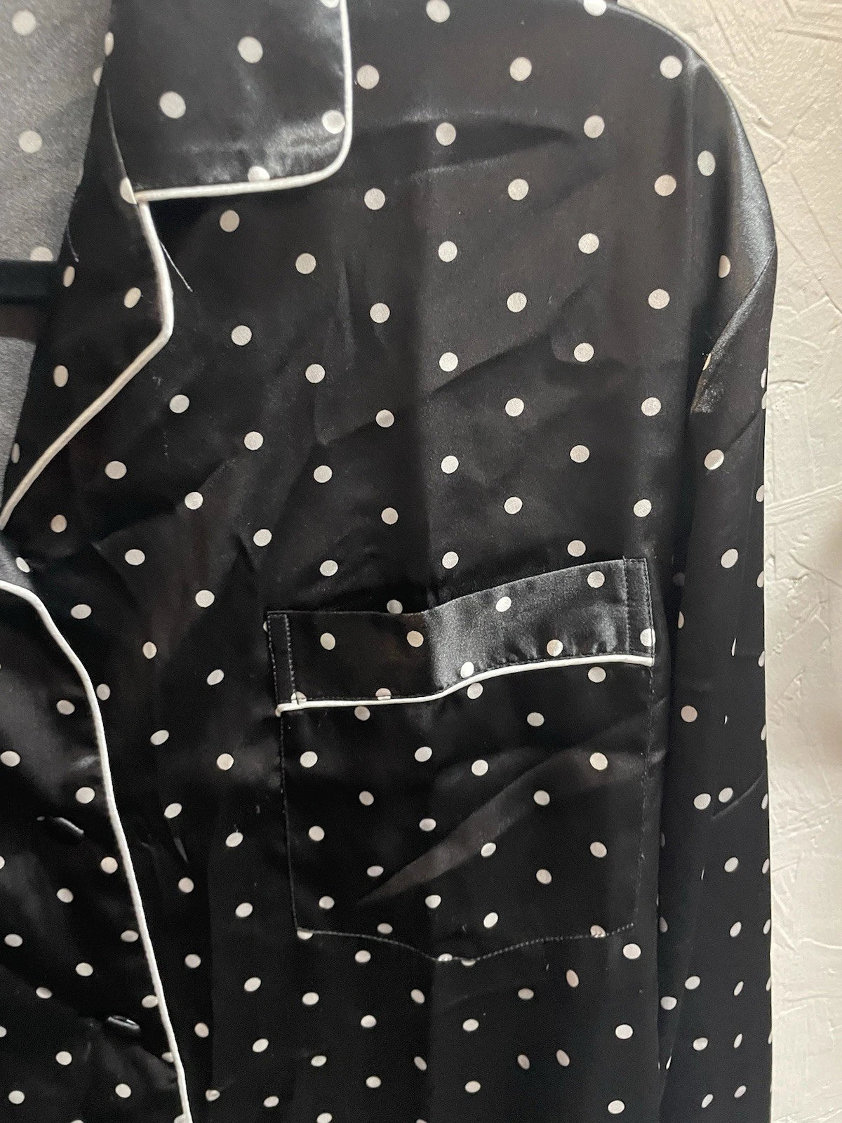 Pajama Set LONXU Silk Satin Button Front Long Sleeve Blk White Polka Dot XXL
