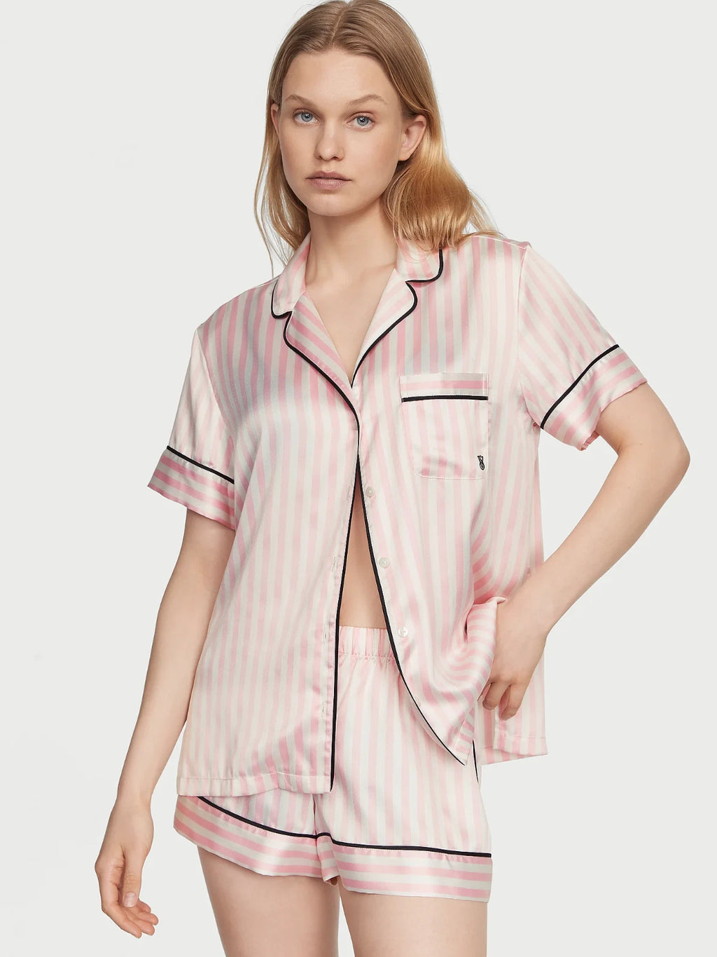 NEW Victoria’s Secret Satin Short Set Pajama Pj’s Pink Iconic Stripe Size LG