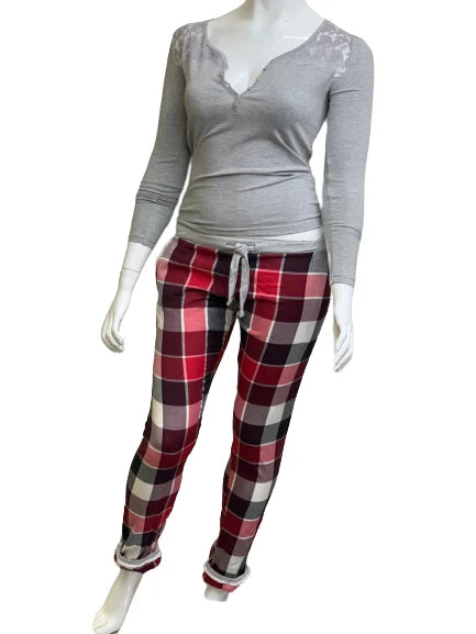 Women's Tartan Night Wear Pyjama Set Ladies Check Bottoms Grey Half Lace Top