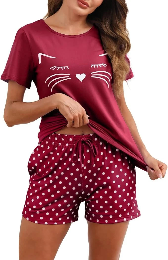 Pyjamas Set Cotton Short Pjs Set Soft Loungewear 2 Pieces Cat Print Size M BNWT