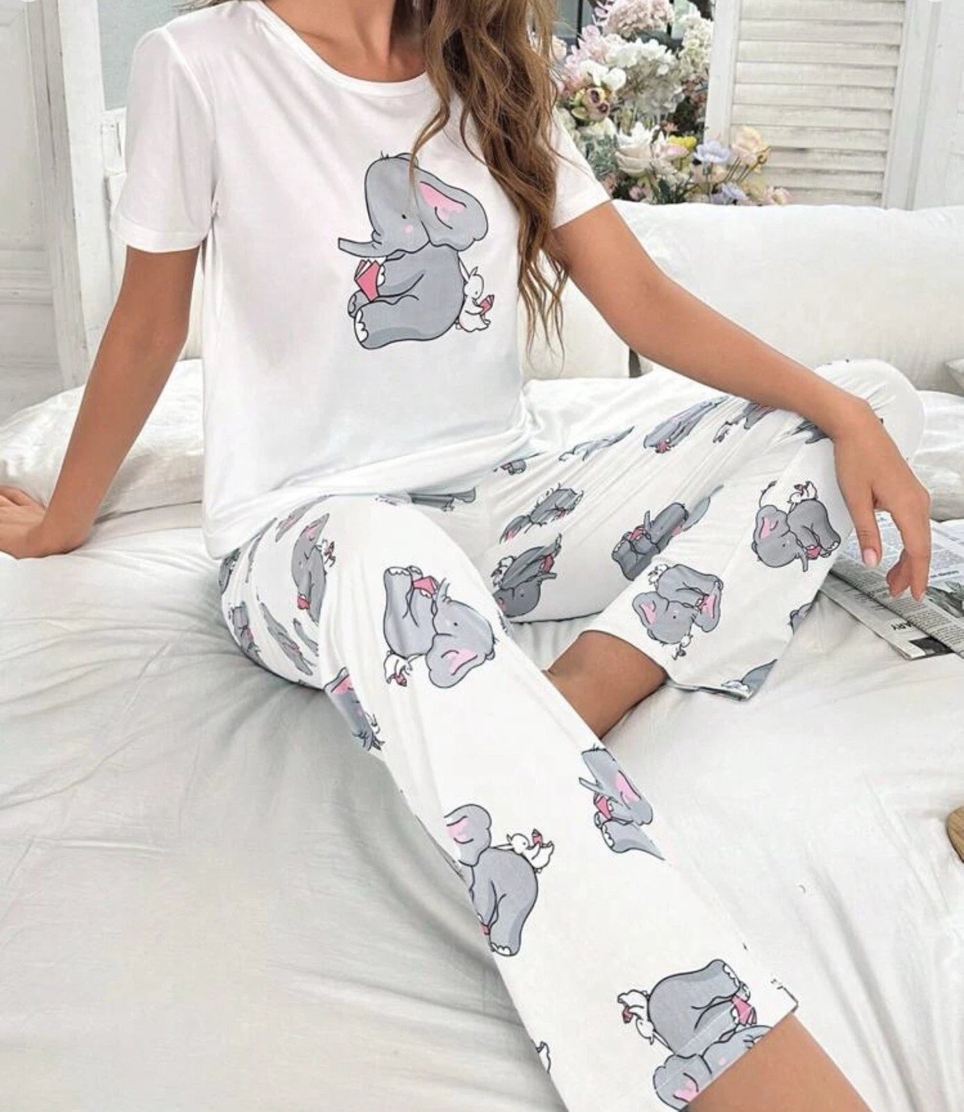 Elephant White Print Womens Ladies Pyjamas PJs Gift Novelty Slogan Size 8