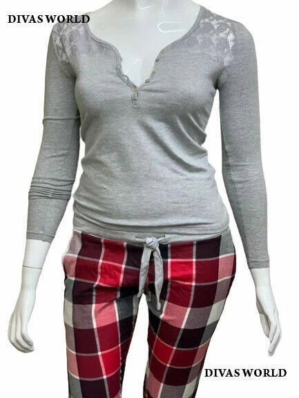 Women's Tartan Night Wear Pyjama Set Ladies Check Bottoms Grey Half Lace Top